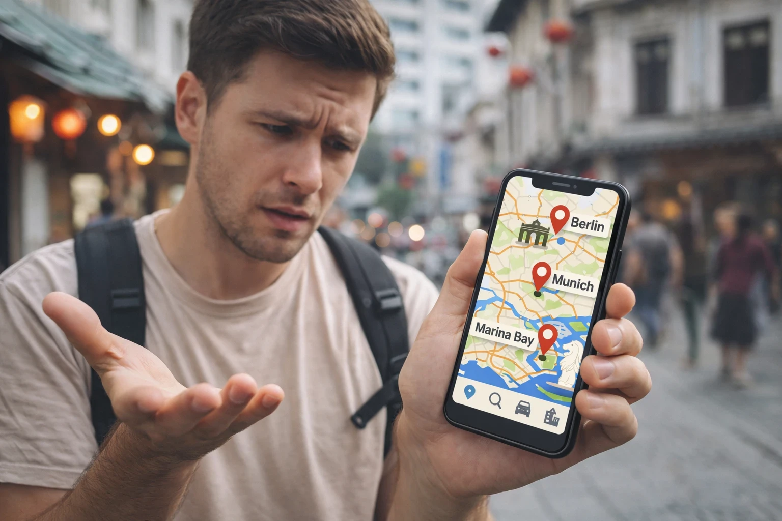 Traveler using Google Maps in a foreign country