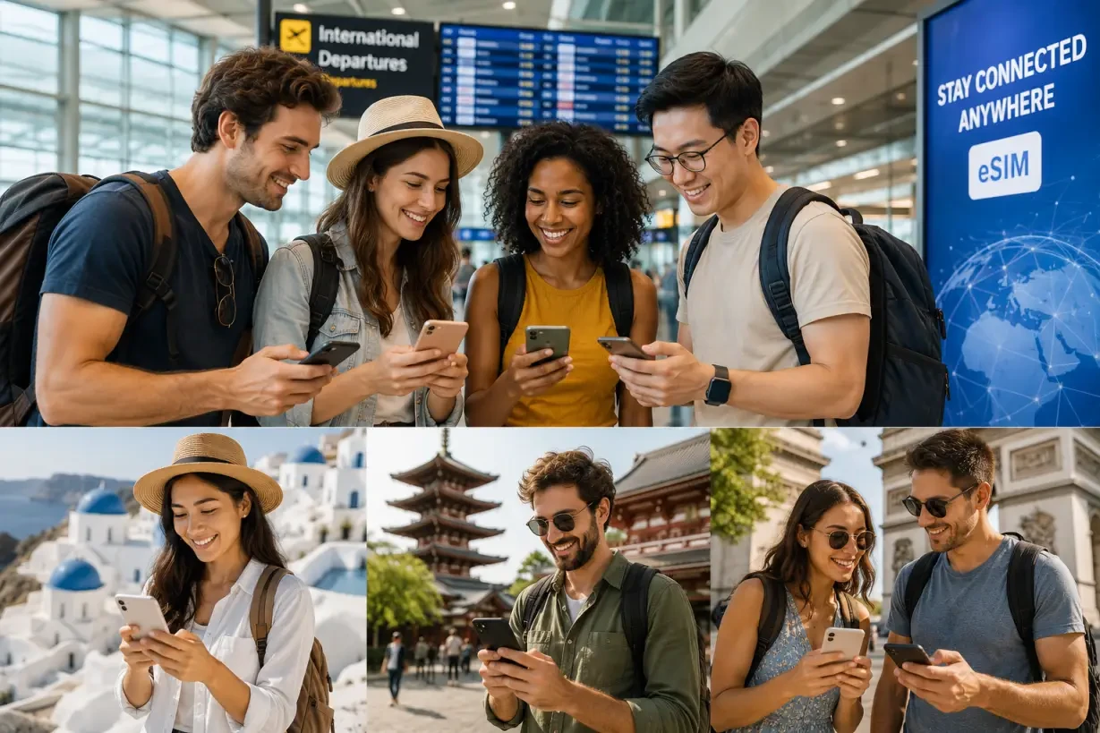 Travelers sharing SuperiorMe referral rewards while staying connected overseas
