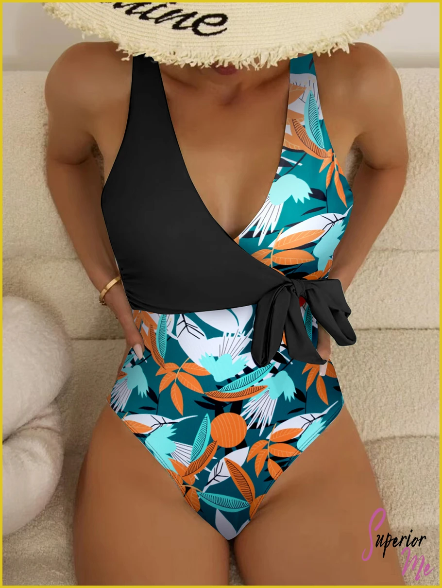 Tropical Print One-Piece Swimsuit with Belted Knot & Padded Support