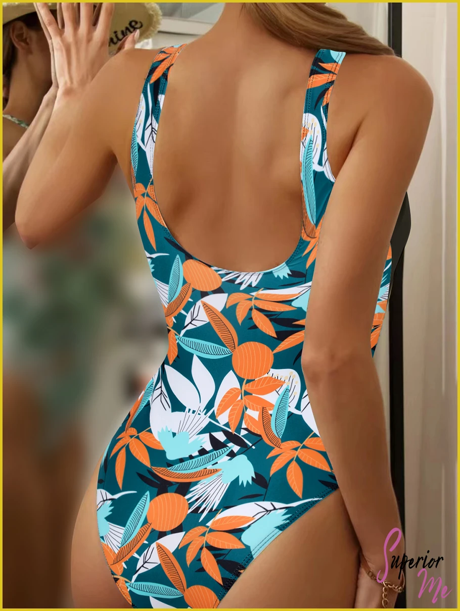 Tropical Print One-Piece Swimsuit with Belted Knot & Padded Support