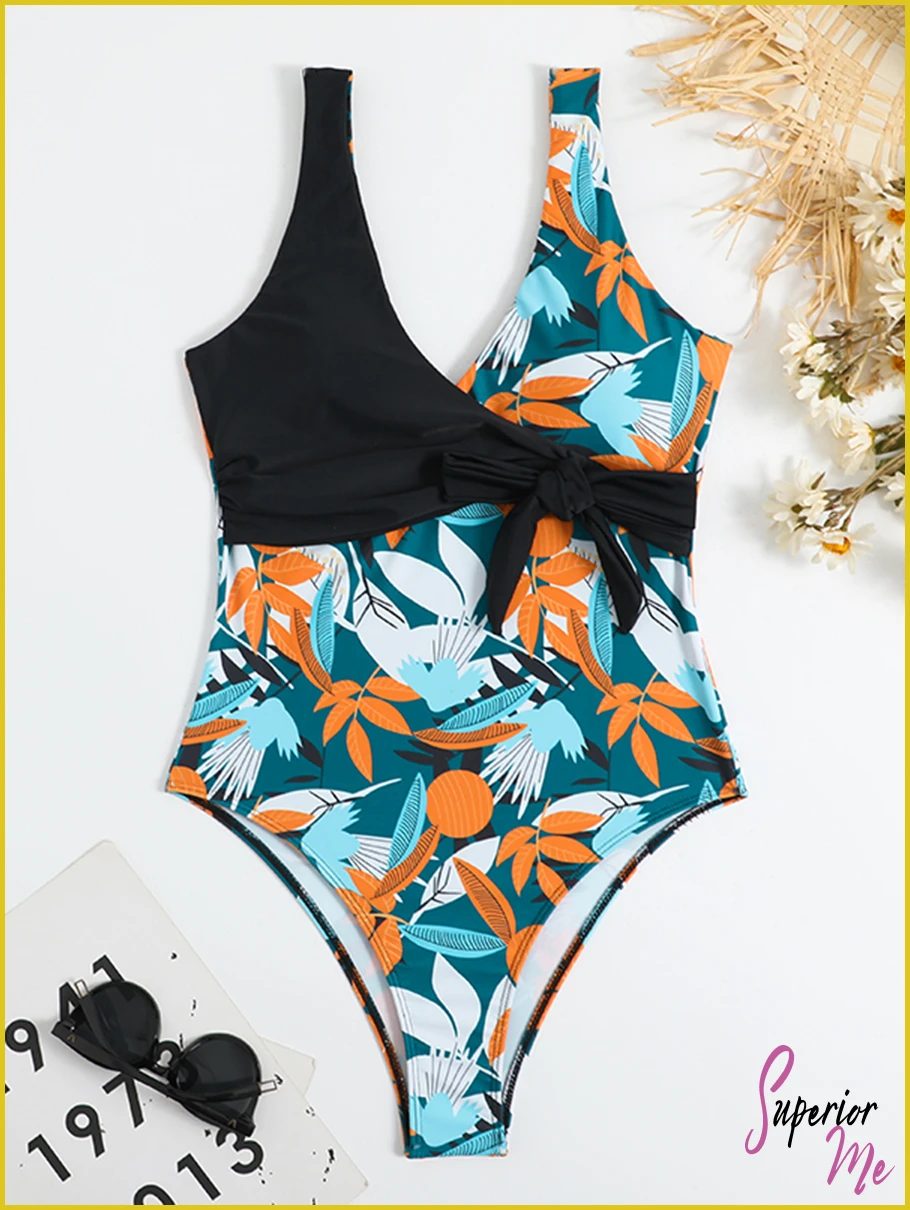 Tropical Print One-Piece Swimsuit with Belted Knot & Padded Support