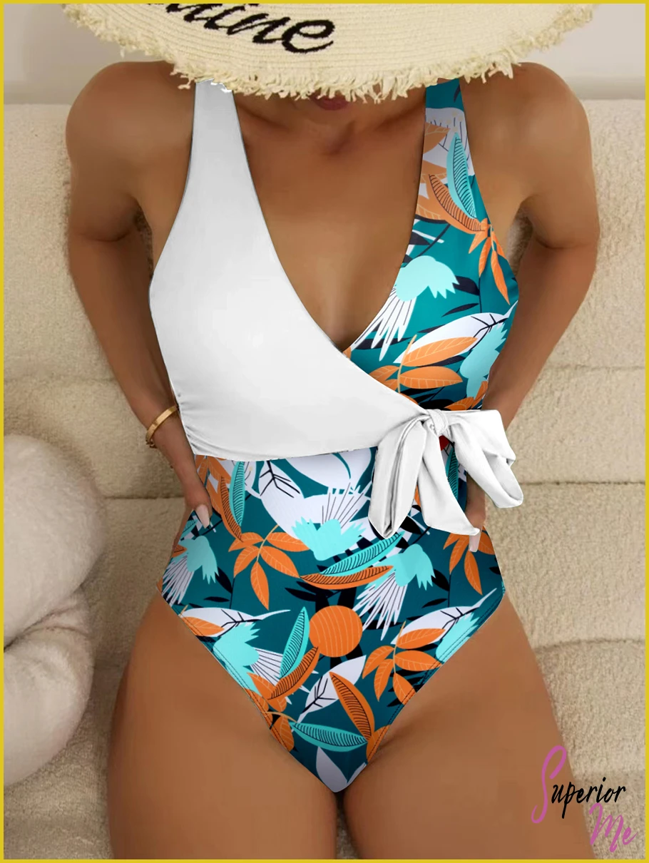 Tropical Print One-Piece Swimsuit with Belted Knot & Padded Support