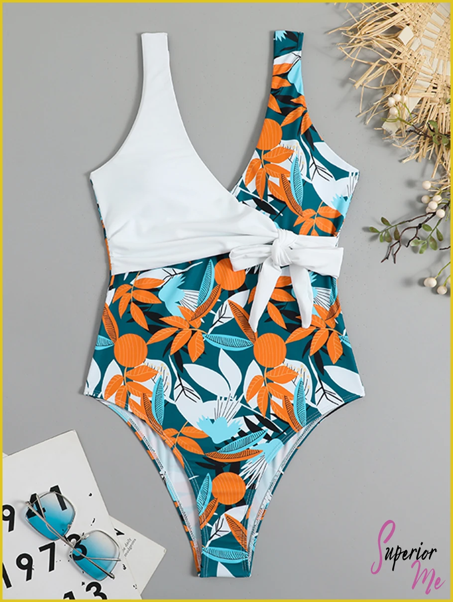Tropical Print One-Piece Swimsuit with Belted Knot & Padded Support