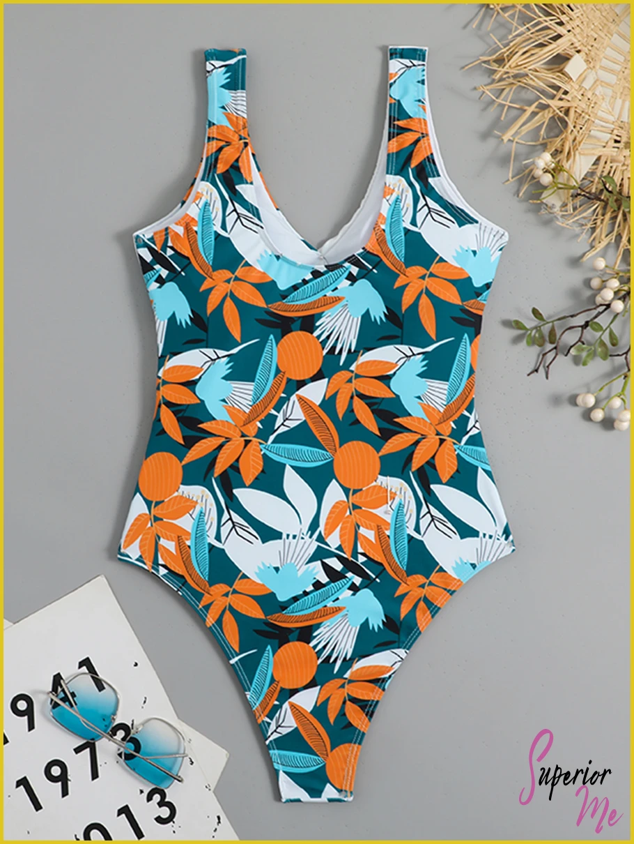Tropical Print One-Piece Swimsuit with Belted Knot & Padded Support