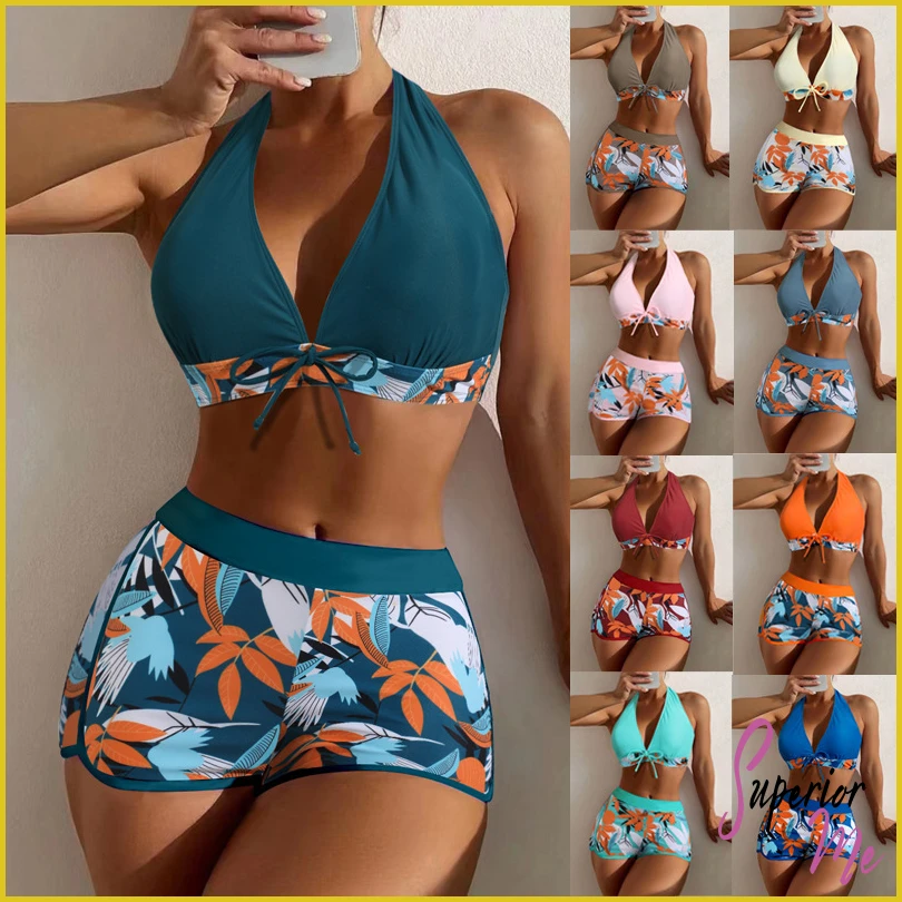 Stylish Halter Bikini Set with High Waist Shorts – Flattering Swimwear