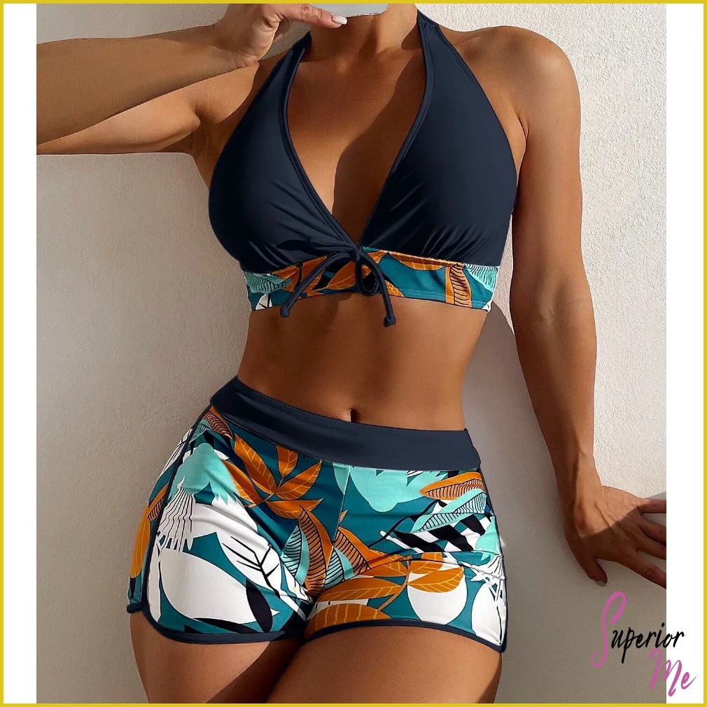 Stylish Halter Bikini Set with High Waist Shorts – Flattering Swimwear