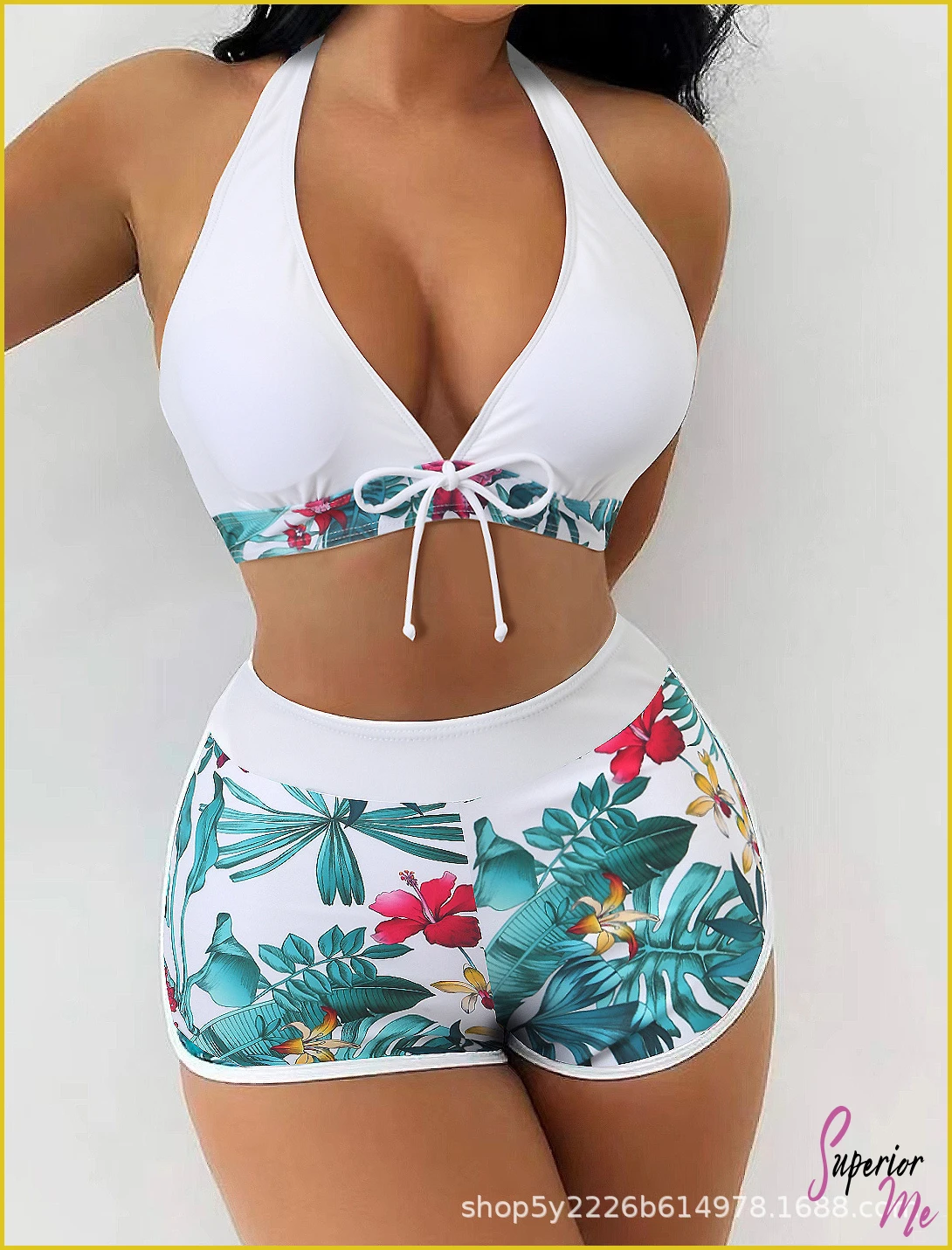 Stylish Halter Bikini Set with High Waist Shorts – Flattering Swimwear