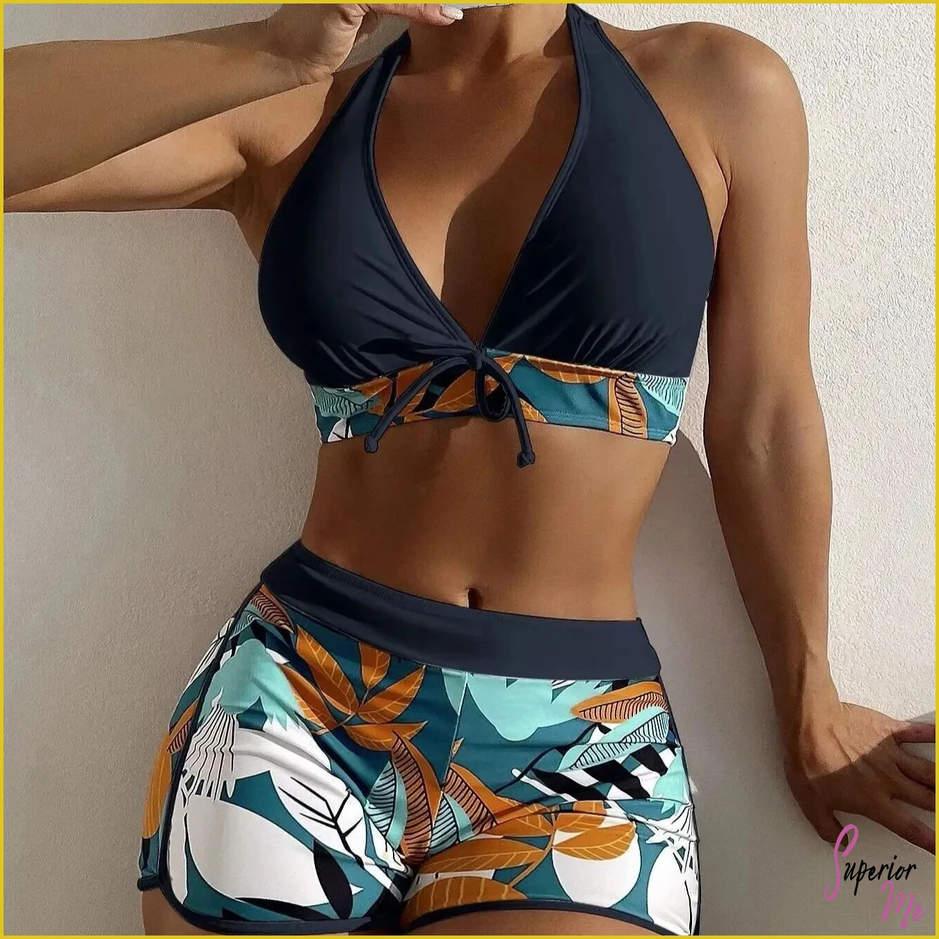 Stylish Halter Bikini Set with High Waist Shorts – Flattering Swimwear