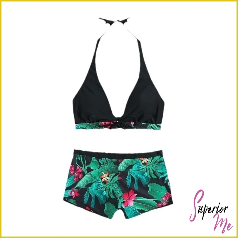 Stylish Halter Bikini Set with High Waist Shorts – Flattering Swimwear