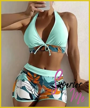 Stylish Halter Bikini Set with High Waist Shorts – Flattering Swimwear