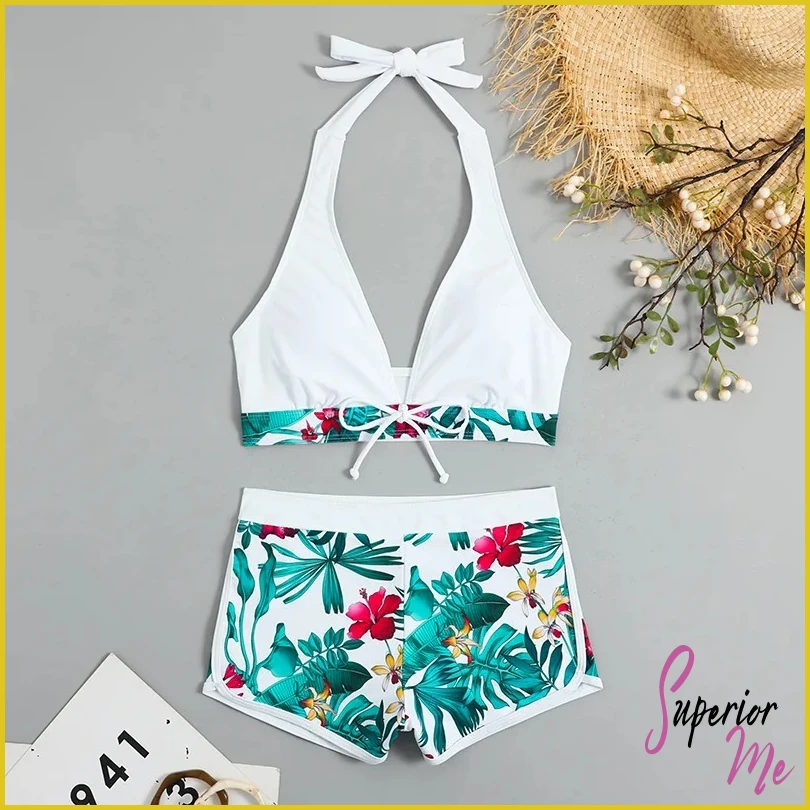 Stylish Halter Bikini Set with High Waist Shorts – Flattering Swimwear