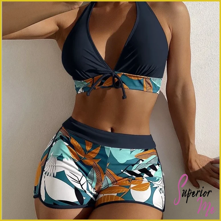 Stylish Halter Bikini Set with High Waist Shorts – Flattering Swimwear