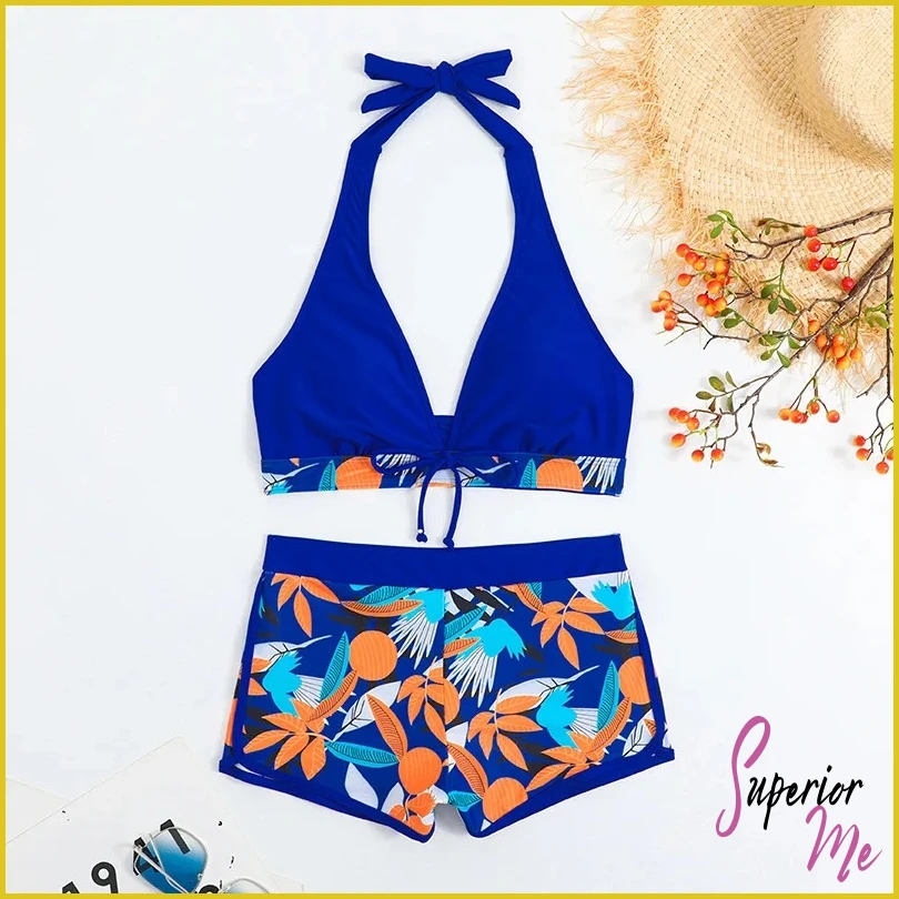 Stylish Halter Bikini Set with High Waist Shorts – Flattering Swimwear