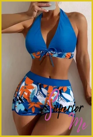 Stylish Halter Bikini Set with High Waist Shorts – Flattering Swimwear