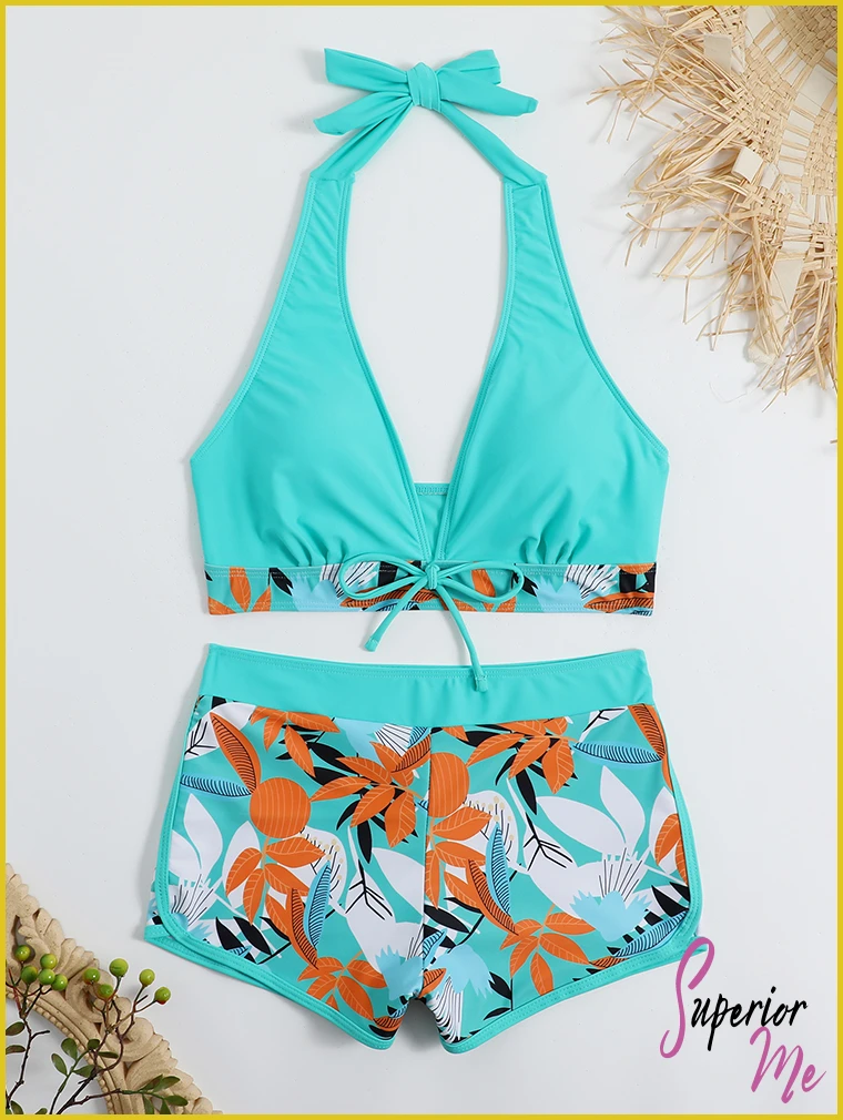 Stylish Halter Bikini Set with High Waist Shorts – Flattering Swimwear