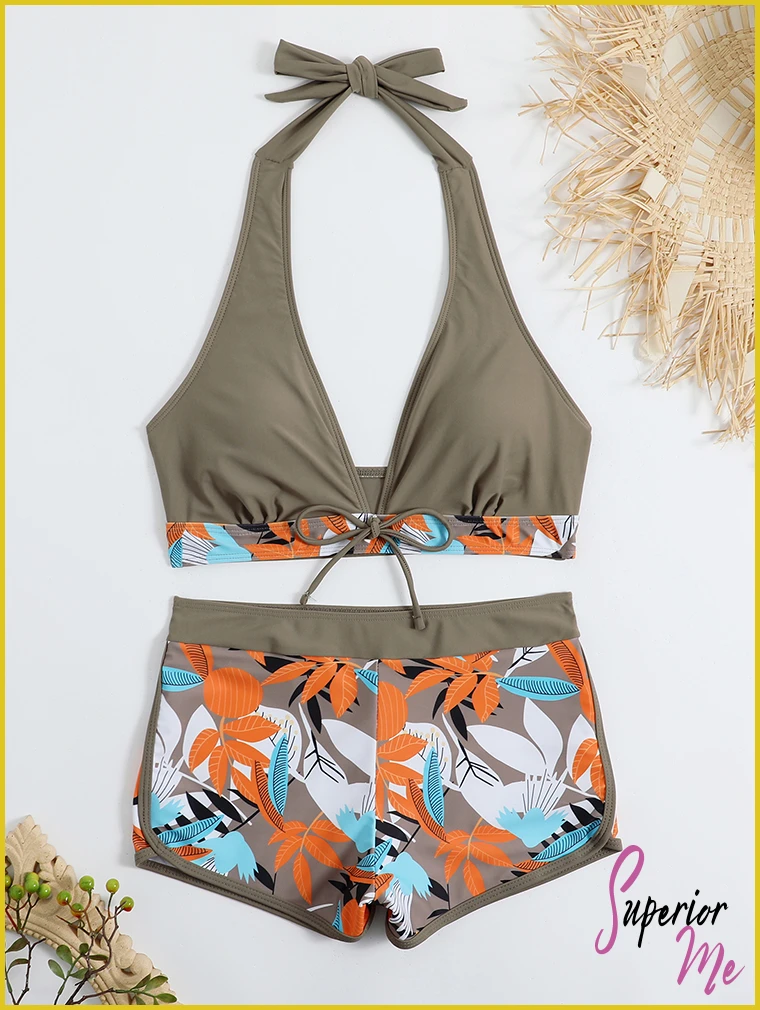 Stylish Halter Bikini Set with High Waist Shorts – Flattering Swimwear
