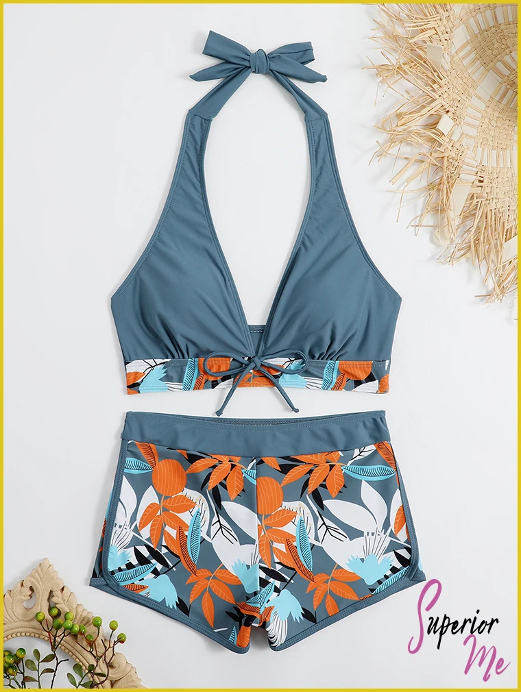 Stylish Halter Bikini Set with High Waist Shorts – Flattering Swimwear