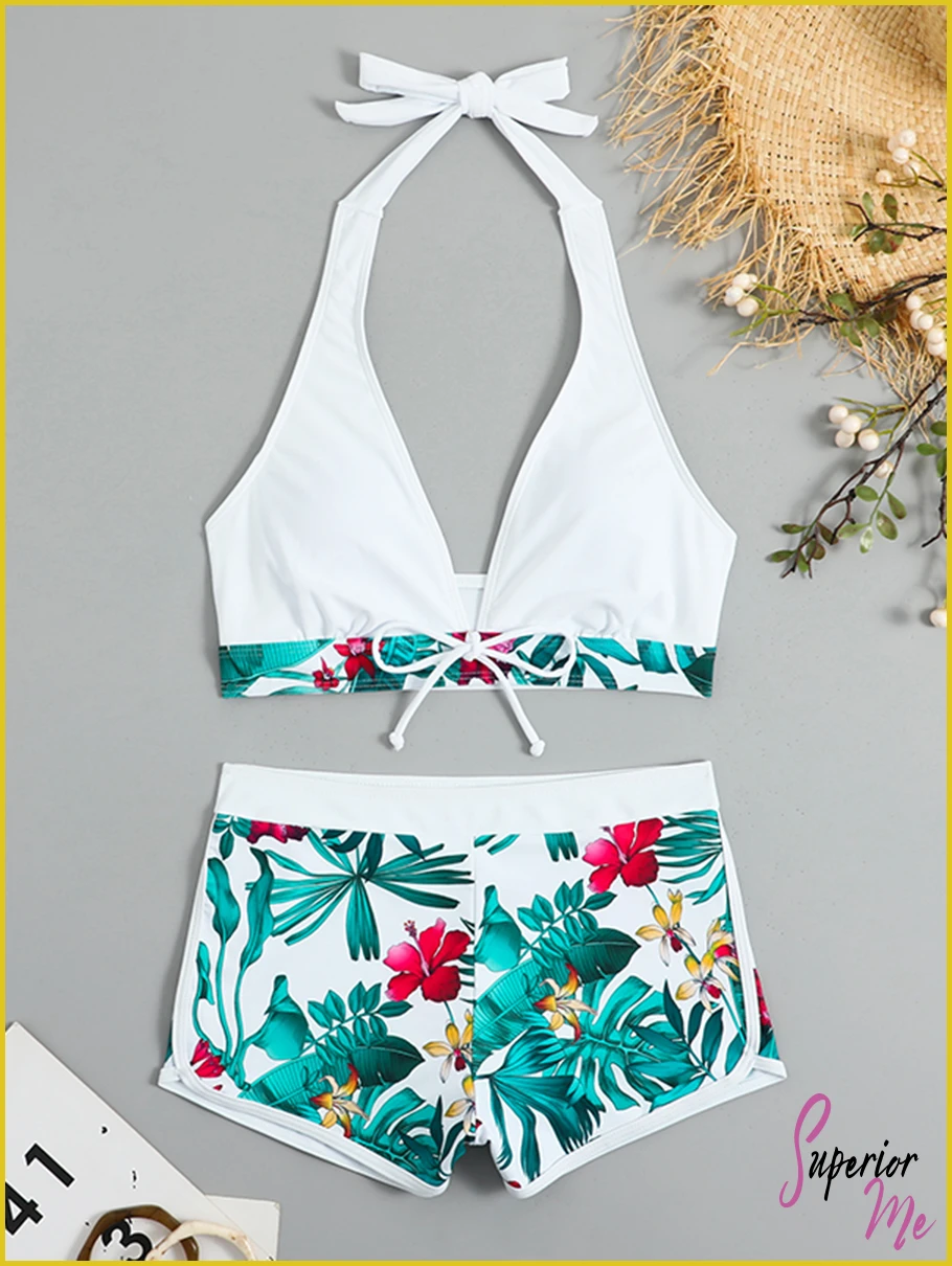 Stylish Halter Bikini Set with High Waist Shorts – Flattering Swimwear