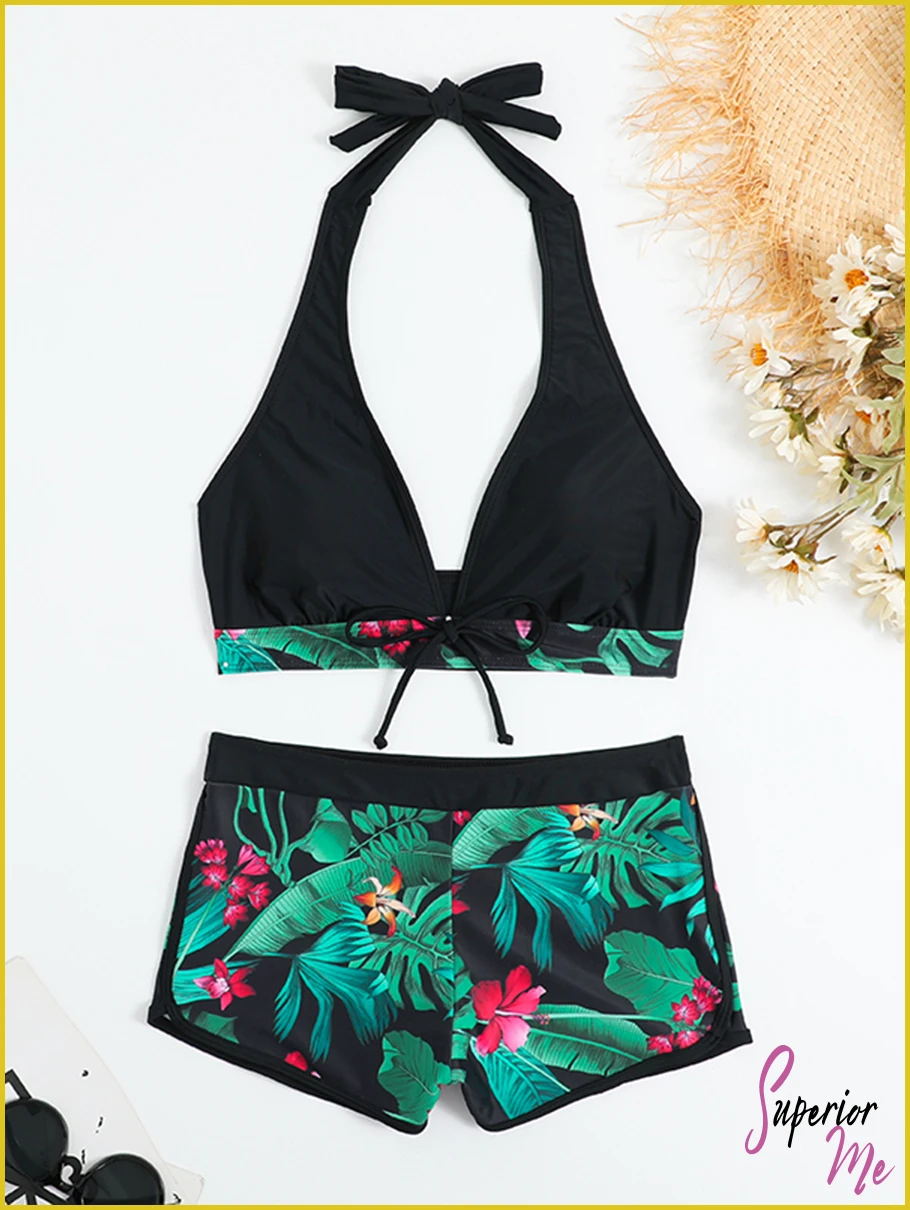 Stylish Halter Bikini Set with High Waist Shorts – Flattering Swimwear