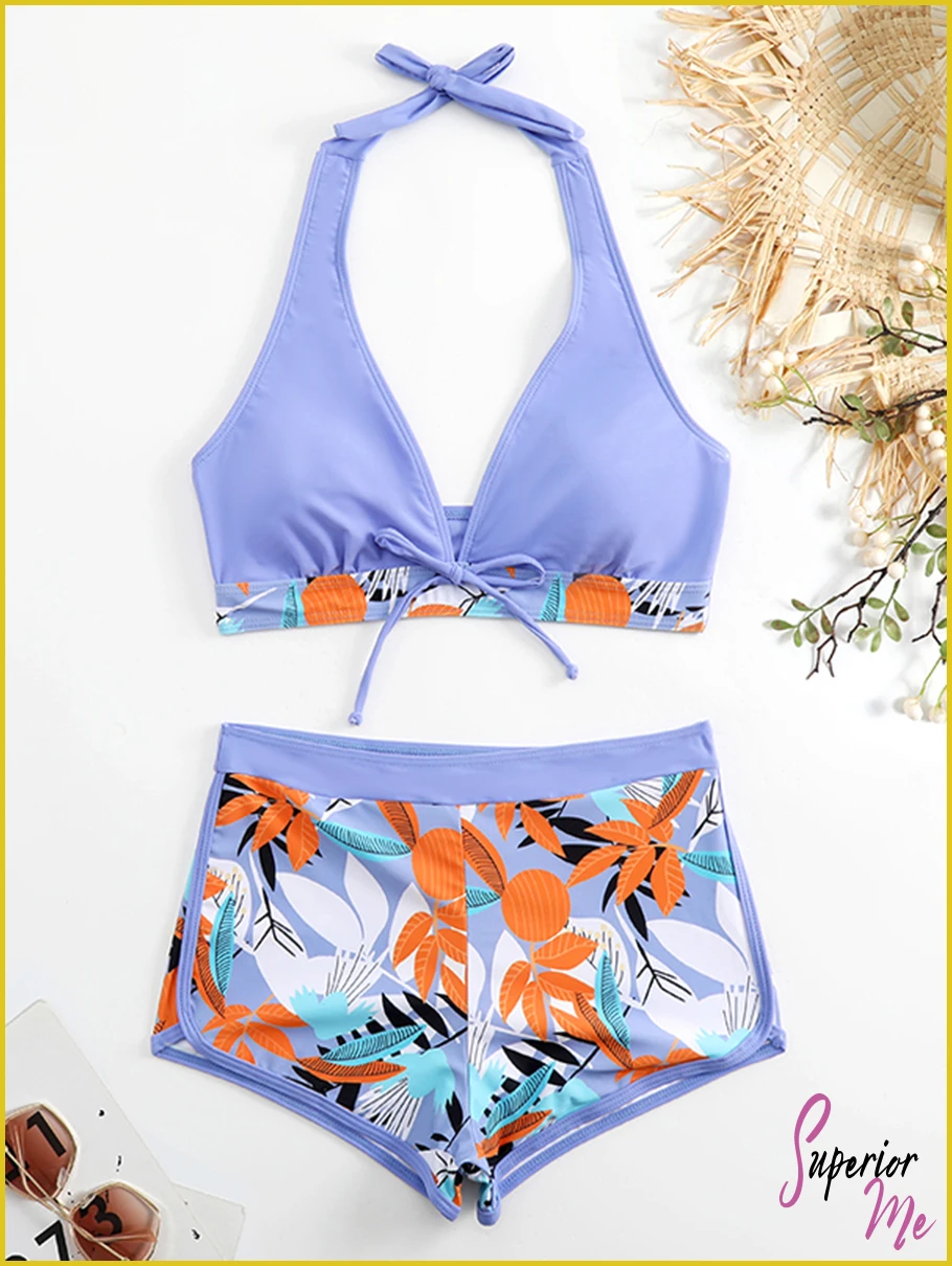 Stylish Halter Bikini Set with High Waist Shorts – Flattering Swimwear