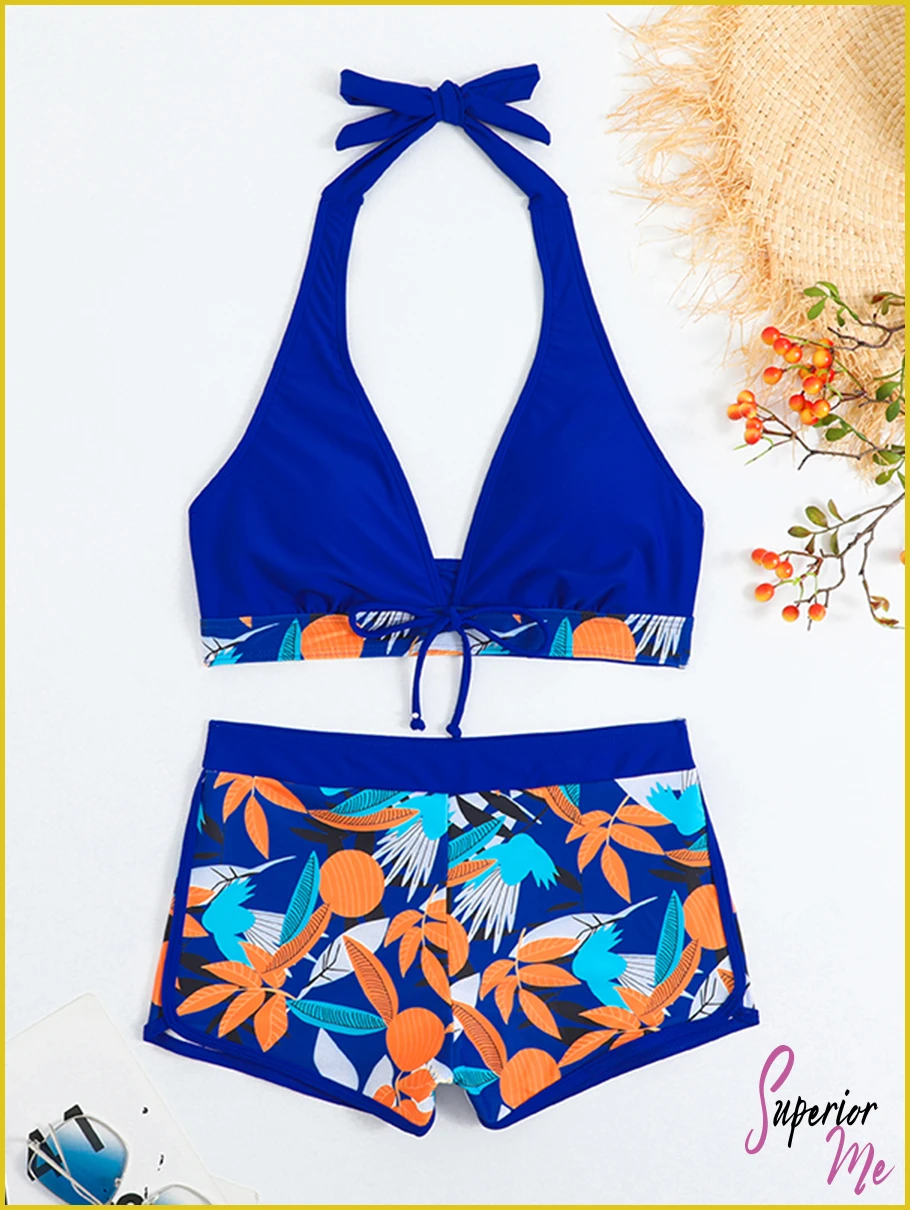 Stylish Halter Bikini Set with High Waist Shorts – Flattering Swimwear