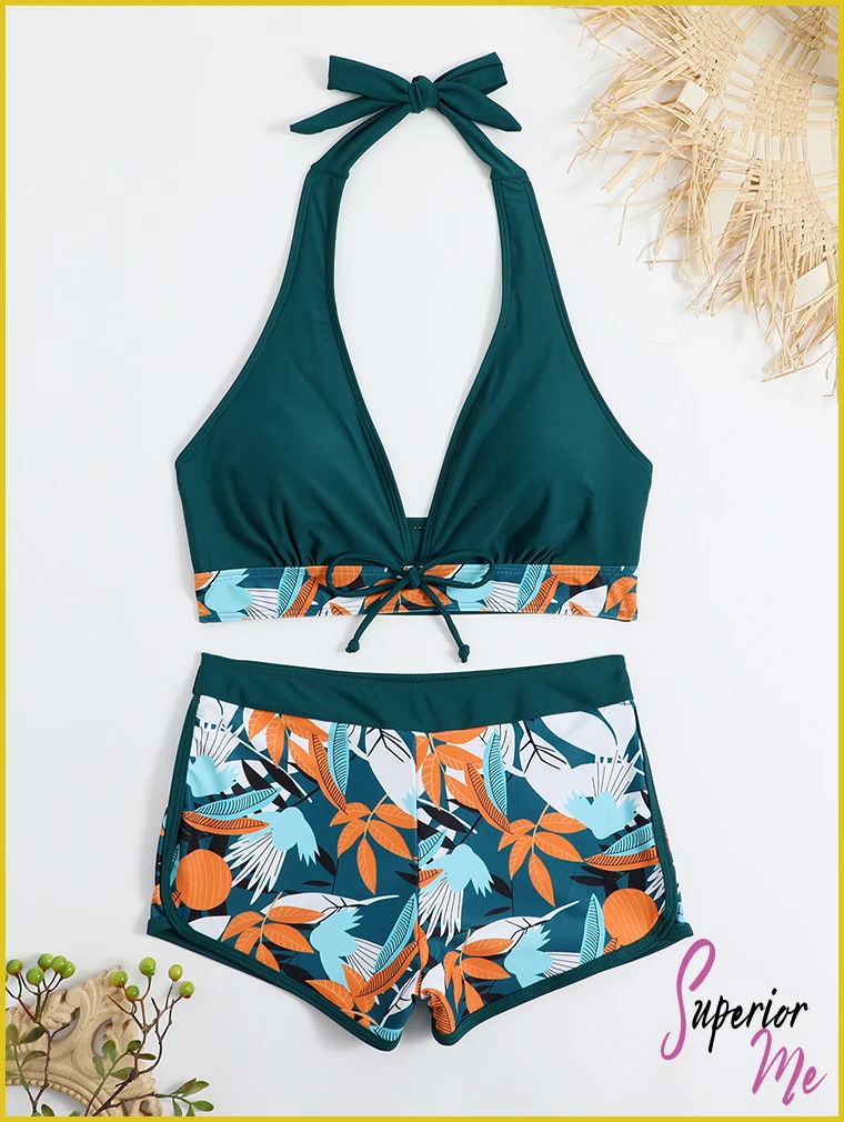 Stylish Halter Bikini Set with High Waist Shorts – Flattering Swimwear