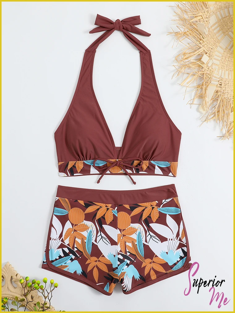 Stylish Halter Bikini Set with High Waist Shorts – Flattering Swimwear