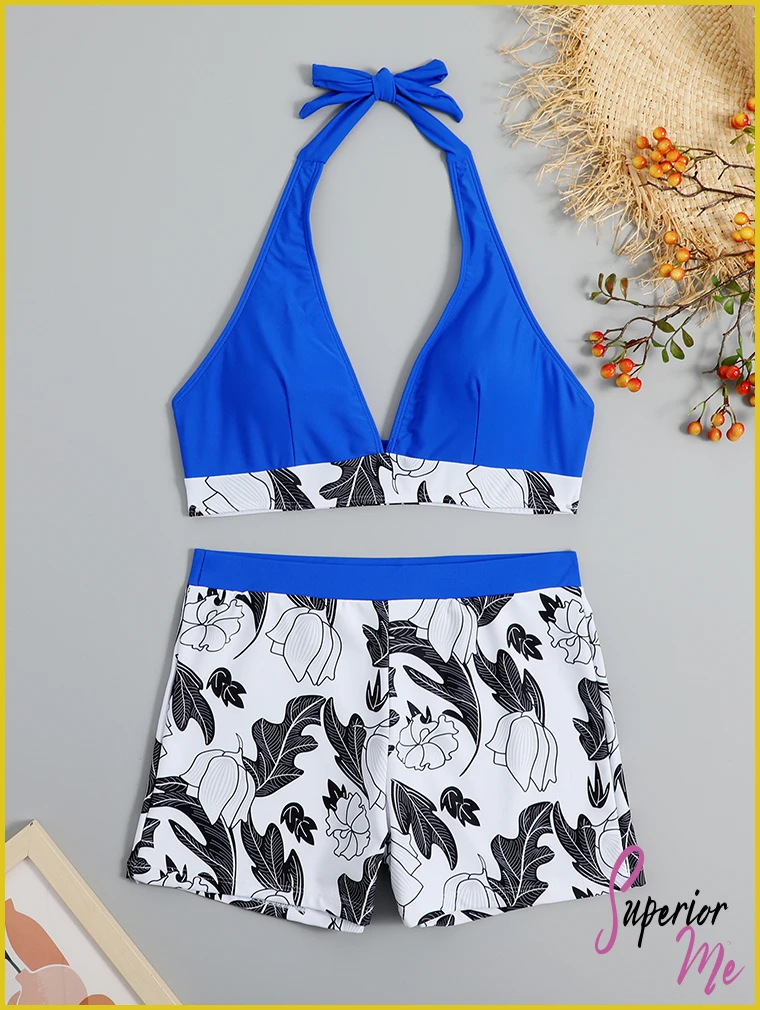 Stylish Halter Bikini Set with High Waist Shorts – Flattering Swimwear