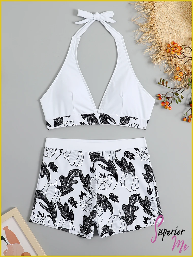 Stylish Halter Bikini Set with High Waist Shorts – Flattering Swimwear