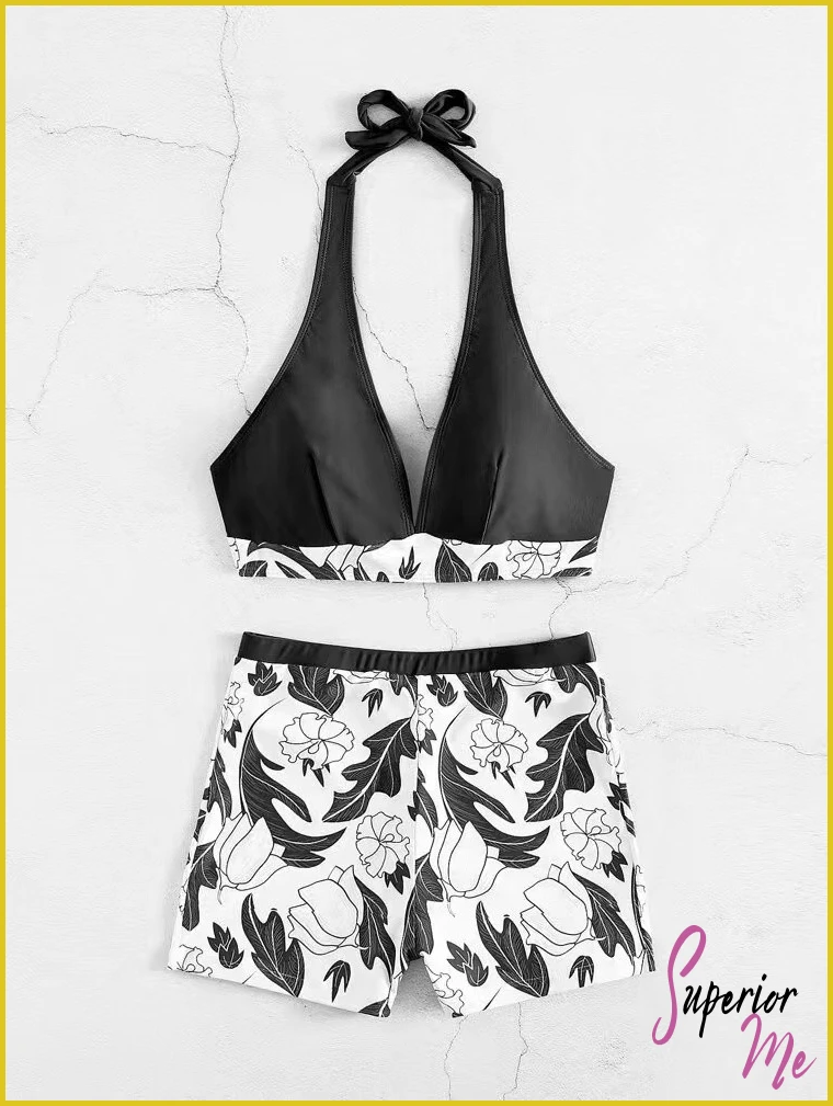 Stylish Halter Bikini Set with High Waist Shorts – Flattering Swimwear