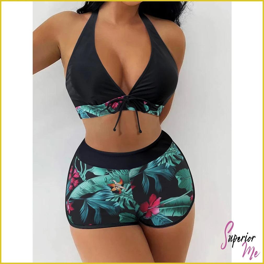 Stylish Halter Bikini Set with High Waist Shorts – Flattering Swimwear