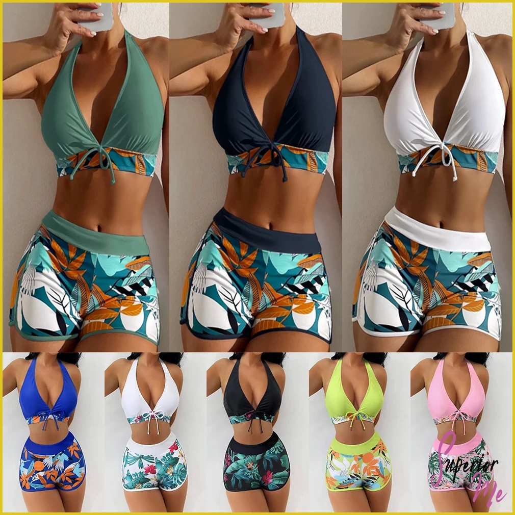 Stylish Halter Bikini Set with High Waist Shorts – Flattering Swimwear