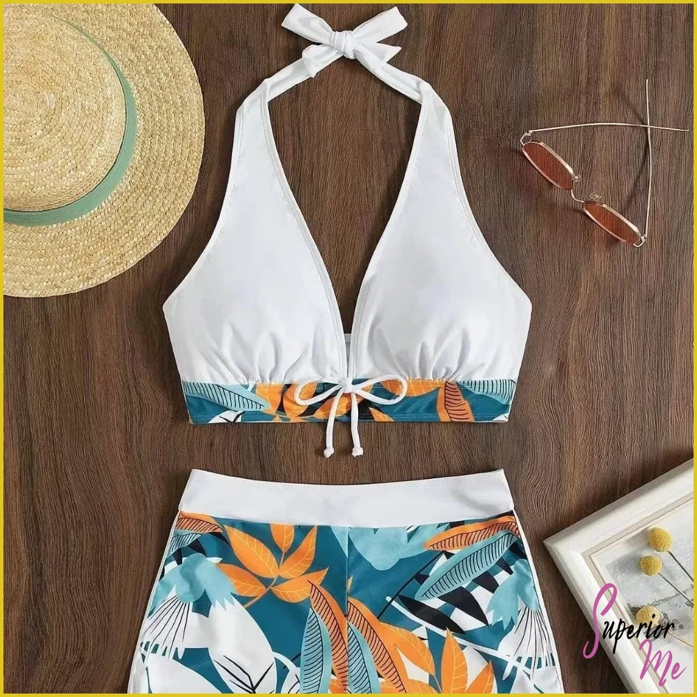Stylish Halter Bikini Set with High Waist Shorts – Flattering Swimwear