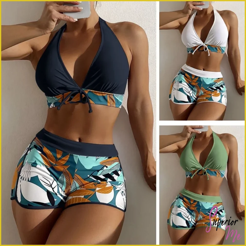 Stylish Halter Bikini Set with High Waist Shorts – Flattering Swimwear