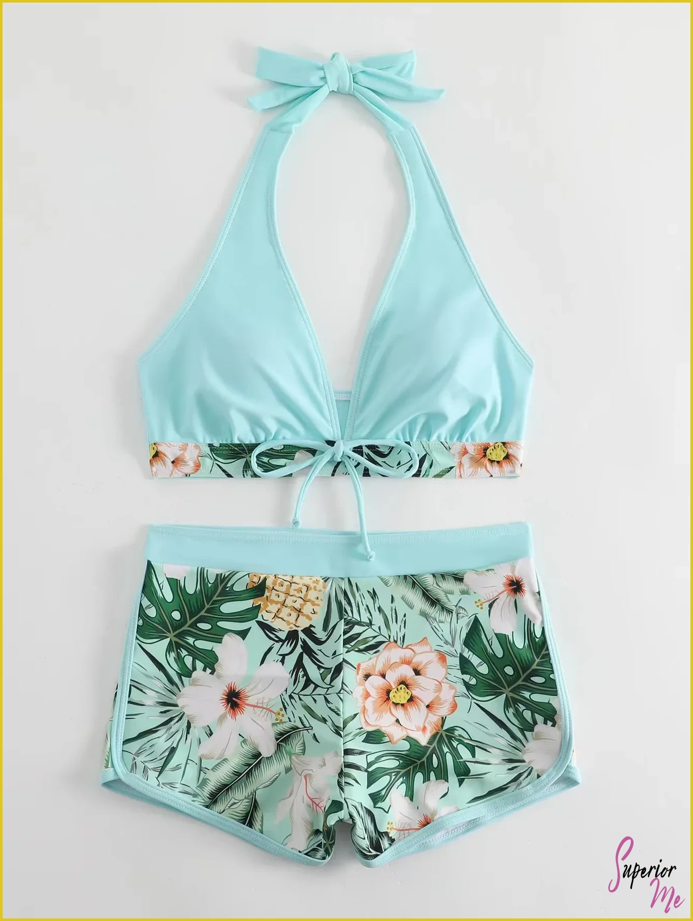 Stylish Halter Bikini Set with High Waist Shorts – Flattering Swimwear