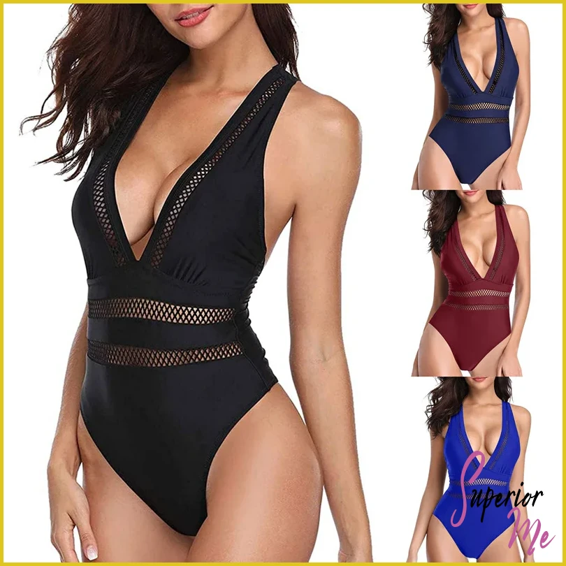 Sexy Mesh One-Piece Swimsuit with Push Up & Deep V-Neck Design